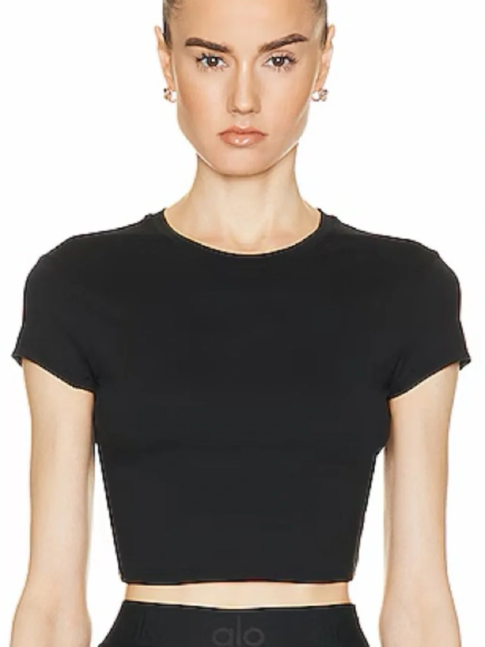 Alo Yoga Alosoft Finesse Cropped Short-Sleeved Tee in Black Sz Small